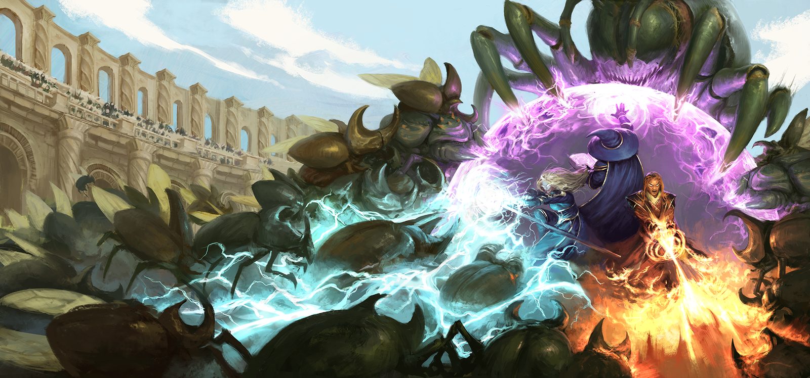 Key art: three mages fighting a horde in the arena