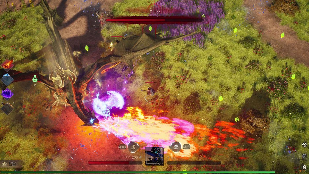 Fighting a dragon boss amid magical explosions
